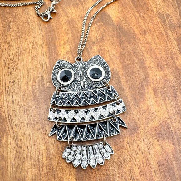Vintage Art Deco Style Owl Pendant Necklace – Black Enamel & Rhinestone Long - Picture 3 of 13